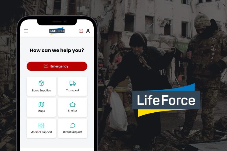 LifeForce aid app showing help categories such as supplies, shelter and medical support, beside a soldier helping an elderly woman through rubble